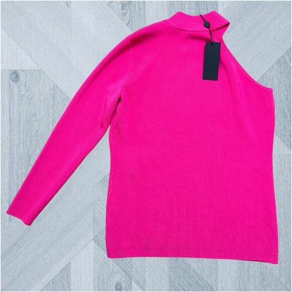 Chaouiche Top Women's Large Pink One Sleeve Ponte Ribbed Knit Mock Neck Shirt - Picture 2 of 5